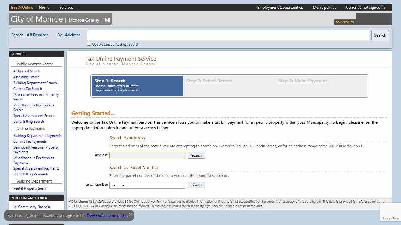 Online Payment Tax Search City of Monroe BS&A Online